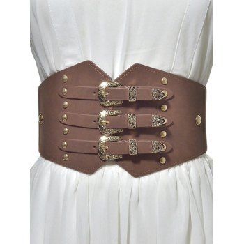

Vintage Dress Shirt Decoration Metal Buckle PU Wide Waist Belt, Brown