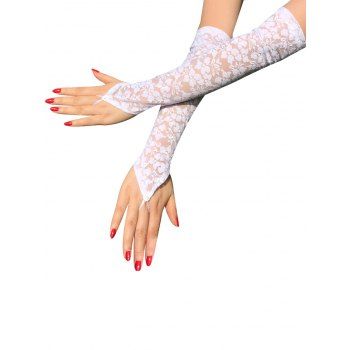 

Flower Sheer Lace Rhinestone Hook Finger Long Arm Gloves, White