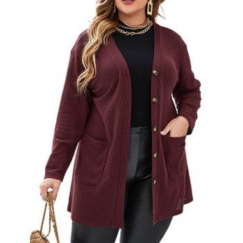 

Plus Size Textured Long Knit Button Up Cardigan Front Pockets Solid Color Knitted Cardigan, Deep red
