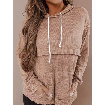 

Drop Shoulder Textured Solid Color Hoodie Kangaroo Pocket Drawstring Hoodie, Light coffee