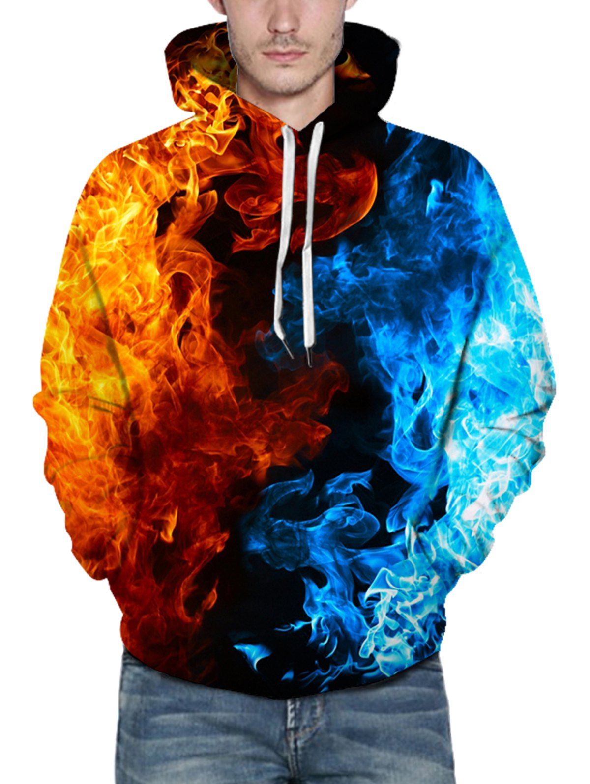 Fire Ice Print Hoodie Pocket Drawstring Long Sleeve Sweatshirt With Hood - multicolor 2XL
