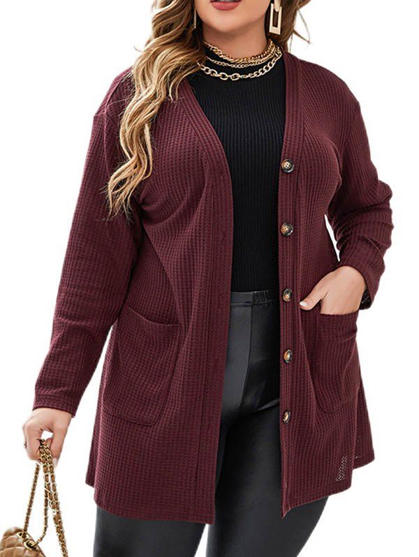 Plus Size Textured Long Knit Button Up Cardigan Front Pockets Solid Color Knitted Cardigan - DEEP RED 3XL