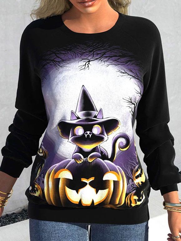 Sweat-shirt D'Halloween à Imprimé Citrouille Animal Lune Manches Raglan à Col Rond - Noir XL