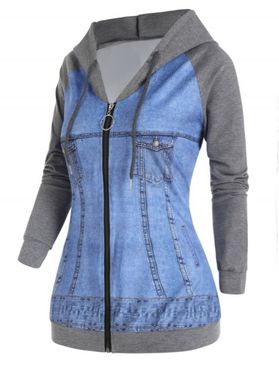 Faux Denim 3D Print Colorblock Panel Hooded Jacket Raglan Sleeve Zip Up Drawstring Hood Jacket