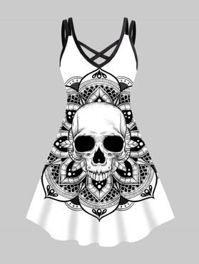Gothic Dress Plus Size Dress Skull Flower Print Crisscross A Line Mini Dress