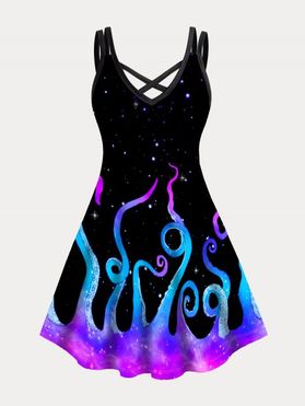 Plus Size Dress Galaxy Octopus Print Crisscross A Line Mini Dress