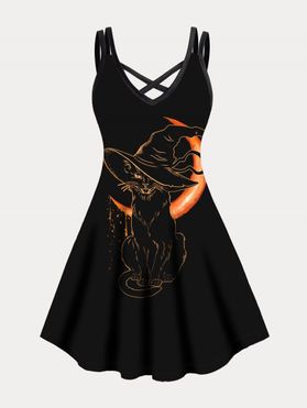 Plus Size Gothic Dress Moon Cat With Witch Hat Print Crisscross A Line Mini Halloween Dress
