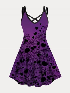 Plus Size Dress Heart Floral Skull Print Crisscross A Line Mini Gothic Dress