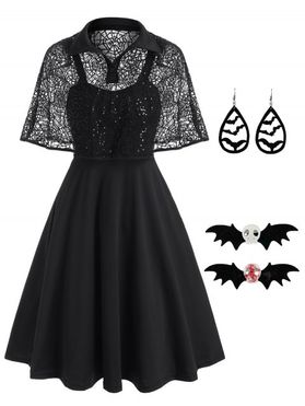 Spider Web Lace Sequined Cape Dress And Bat Skull Hair Clips Bat Earrings Halloween Outfit