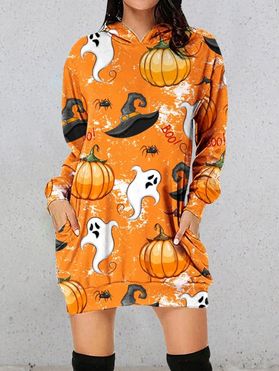 Halloween Hoodie Pumpkin Witch Hat Ghost Spider Print Long Sleeve Pockets Longline Sweatshirt With Hood