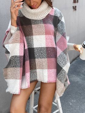 Plaid Pattern Sweater Poncho Turtleneck Pullover Loose Shawl Sweater Cape