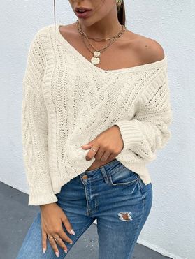 Cable Knit Sweater V Neck Drop Shoulder Long Sleeve Pullover Sweater
