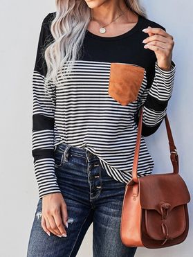 Stripe Print T-shirt Long Sleeve Curved Hem Contrasting Pocket Casual Tee