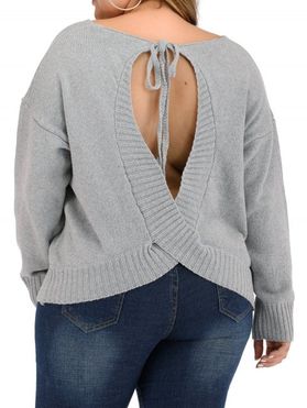 Plus Size Drop Shoulder Sweater V Neck Cut Out Crossover Back Tie Knot Pullover Sweater