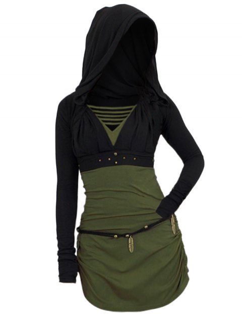 Thumbs Hole Hooded Crop Top And Ladder Ruched Belted Mini Tank Dress Two Piece Set
