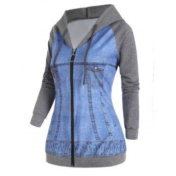 

Faux Denim 3D Print Colorblock Panel Hooded Jacket Raglan Sleeve Zip Up Drawstring Hood Jacket, Light blue