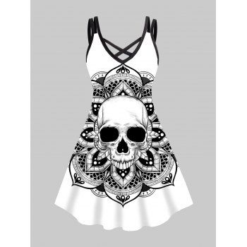 

Gothic Dress Plus Size Dress Skull Flower Print Crisscross A Line Mini Dress, White