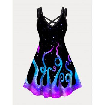 

Plus Size Dress Galaxy Octopus Print Crisscross A Line Mini Dress, Black