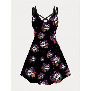 

Plus Size Dress Gothic Dress Flower Skull Print Crisscross A Line Mini Dress, Black