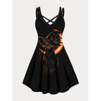 

Plus Size Gothic Dress Moon Cat With Witch Hat Print Crisscross A Line Mini Halloween Dress, Black