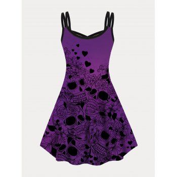 Plus Size Dress Heart Floral Skull Print Crisscross A Line Mini Gothic Dress