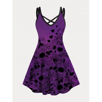 

Plus Size Dress Heart Floral Skull Print Crisscross A Line Mini Gothic Dress, Concord