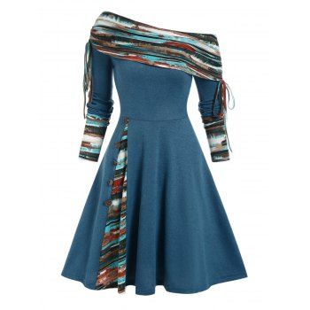 

Convertible Neck Cinched Striped Flare A Line Dress, Deep blue