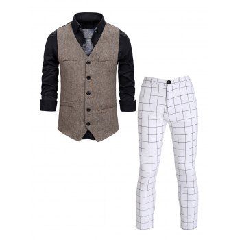 

Tweed Print Single Breasted Mock Pocket Chain Embellishment Waistcoat And Plaid Print Pants Casual Outfit, Coffee