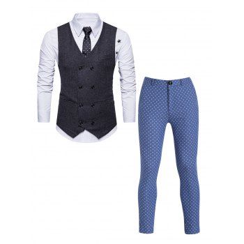 

Tweed Print Double Breasted Pockets Waistcoat And Tiny Geometric Print Pants Casual Outfit, Black