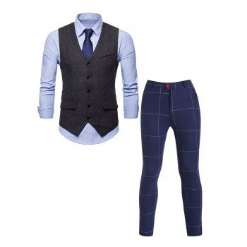 

Tweed Print Single Breasted Mock Pocket Waistcoat And Grid Print Chino Pants Casual Outfit, Blue