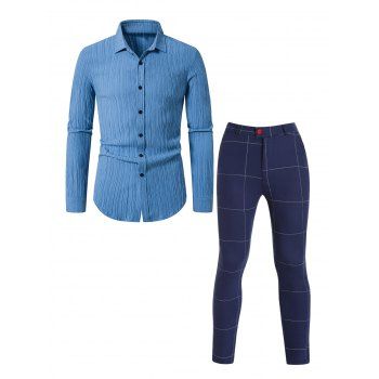 

Stripe Textured Button Up Long Sleeve Shirt And Grid Print Chino Pants Casual Outfit, Blue
