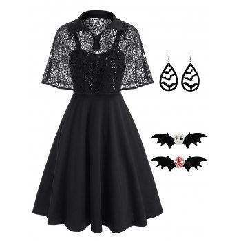 

Spider Web Lace Sequined Cape Dress And Bat Skull Hair Clips Bat Earrings Halloween Outfit, Black