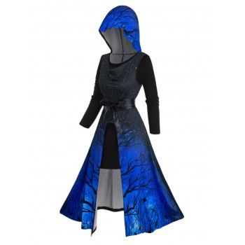 

Halloween Bat Tree Branches Print High Slit Long Hooded Dress And Lace Panel Long Sleeve Mini Tee Dress Two Piece Set, Blue