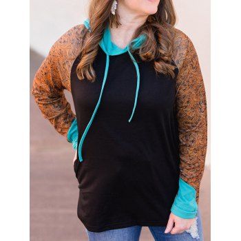 

Plus Size Colorblock Flower Print Raglan Sleeve Hoodie Thumbs Hole Drawstring Hidden Pockets, Black