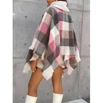 Plaid Pattern Sweater Poncho Turtleneck Pullover Loose Shawl Sweater Cape
