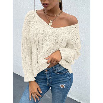 

Cable Knit Sweater V Neck Drop Shoulder Long Sleeve Pullover Sweater, Light coffee
