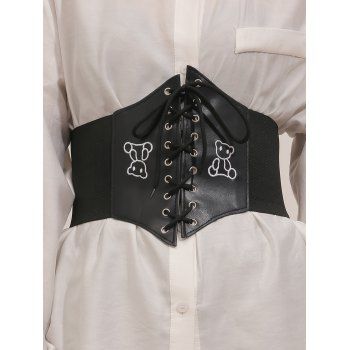 

Bear Embroidery Lace Up Decorative Elastic Wide Waist Belt, Black