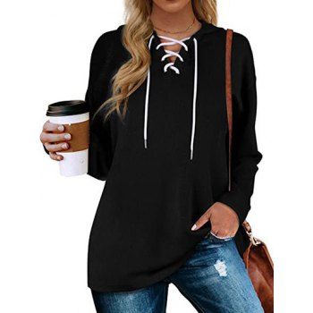 

Drop Shoulder Lace Up Long Sleeve Casual Hoodie, Black