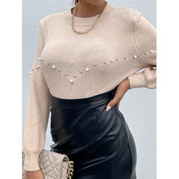 

Artificial Pearl Beads Embellishment Sweater Crew Neck Long Sleeve Pullover Sweater, Light coffee