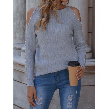 

Cut Out Raglan Sleeve Sweater Artificial Pearl Crew Neck Pullover Sweater, Gray