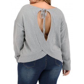 

Plus Size Drop Shoulder Sweater V Neck Cut Out Crossover Back Tie Knot Pullover Sweater, Light gray