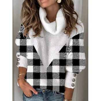 

Contrast Stripe Plaid Print Knit Top Drop Shoulder Turtleneck Mock Button Pullover Knitted Top, White