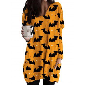 

Halloween Bat Polka Dots Allover Print Longline T Shirt Front Pockets Long Sleeve Tee, Deep yellow