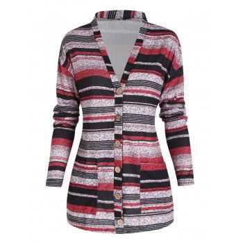

Vintage Top Striped Print Button Up Patch Pockets Long Sleeve Top, Multicolor