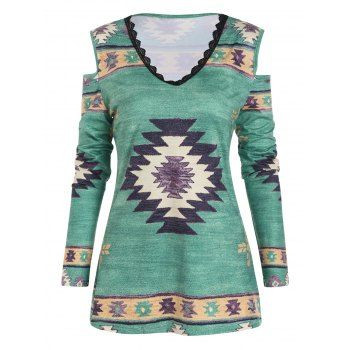 

Tribal Floral Geometric Print Ethnic Top Cold Shoulder Long Sleeve Lace Trim V Neck Top, Green