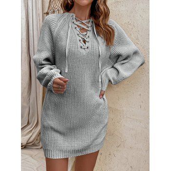 

Textured Sweater Lace Up Long Sleeve Plain Color Longline Sweater, Light gray