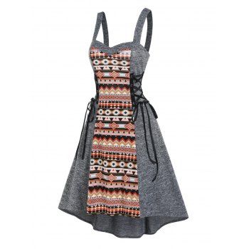 

Colorful Tribal Geometric Panel Knit Dress High Low Lace Up Sweetheart Neck Knitted Dress, Gray