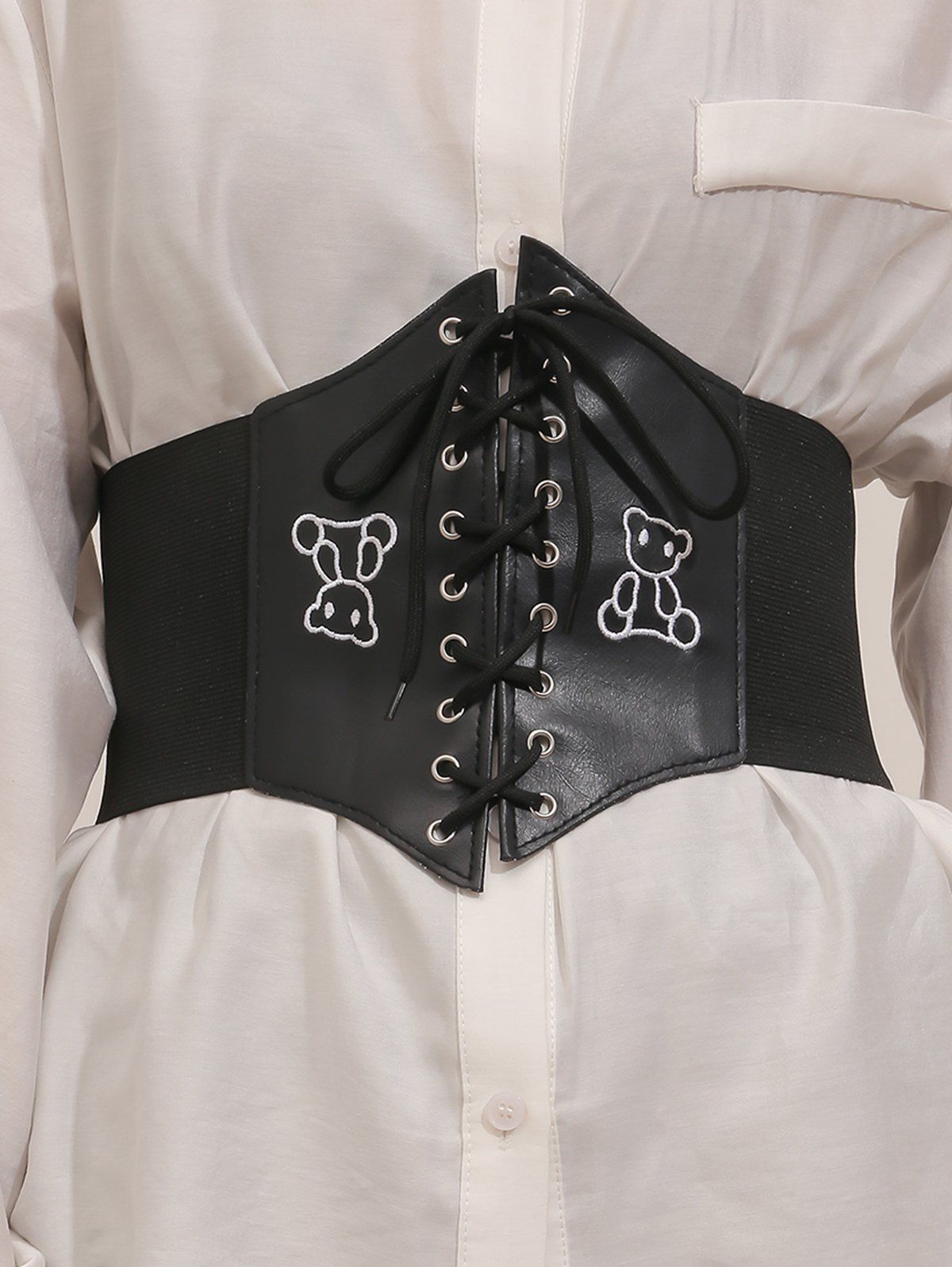 Bear Embroidery Lace Up Decorative Elastic Wide Waist Belt - BLACK 