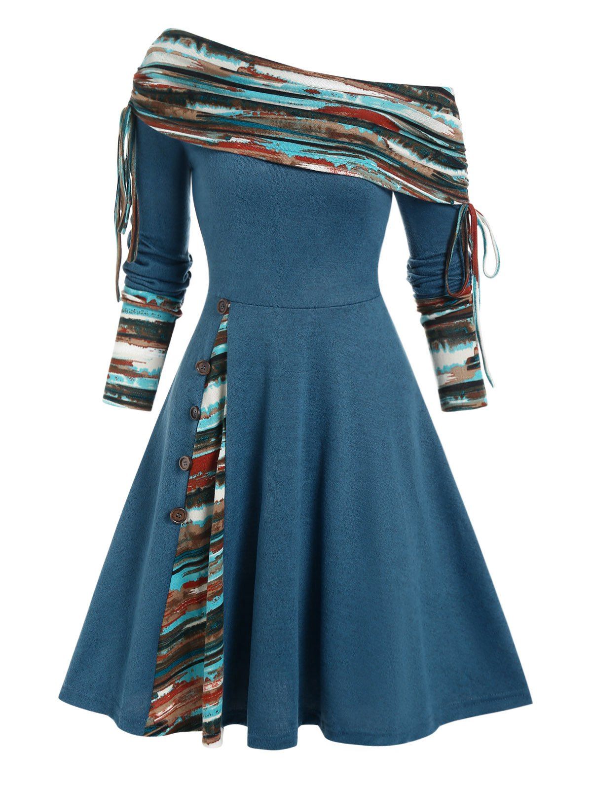 Convertible Neck Cinched Striped Flare A Line Dress - DEEP BLUE XXXL