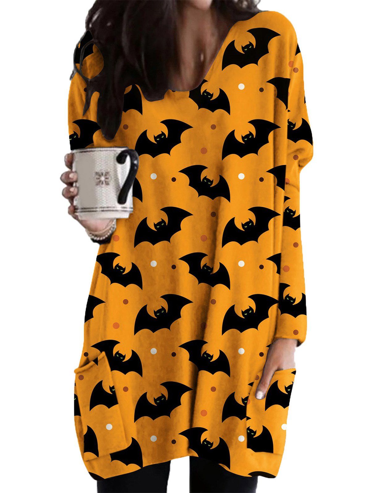 Halloween Bat Polka Dots Allover Print Longline T Shirt Front Pockets Long Sleeve Tee - DEEP YELLOW XXL